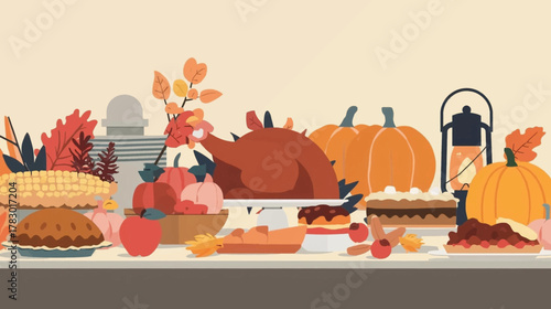 A festive Thanksgiving table is laden with delicious food, including a roasted turkey, pumpkins, pies, and autumn leaves, creating a warm, inviting atmosphere for the holiday.