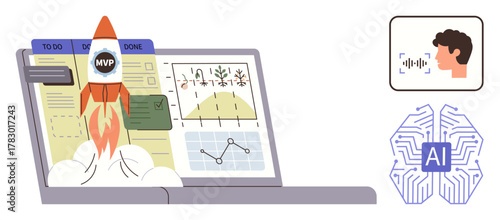Rocket takes off from a data-filled laptop screen featuring charts, MVP badge, and task sections. AI symbol and voice recognition hint at innovation and technology. Ideal for tech innovation, AI