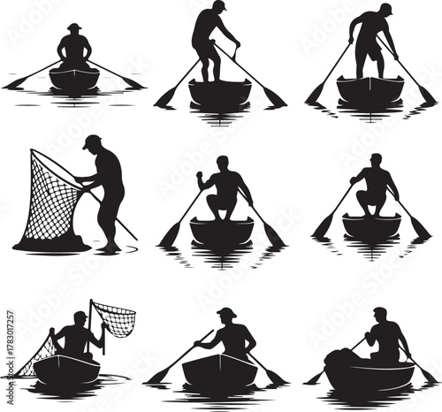 Silhouette illustration of men rowing boats and fishing with net