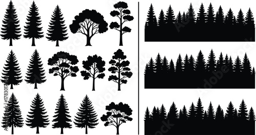 Tree silhouette icons, forest scene illustration, coniferous and deciduous shapes, landscape design elements, botanical vector set, nature graphic pack