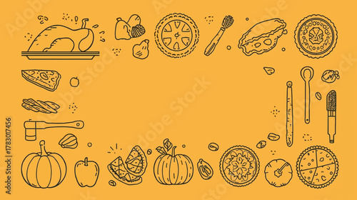 A festive illustration featuring various food items like turkey, pie, and pumpkin, arranged in a decorative border against a warm yellow background.