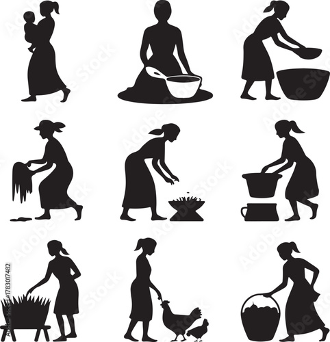 Silhouette illustration of women performing daily tasks and family chores