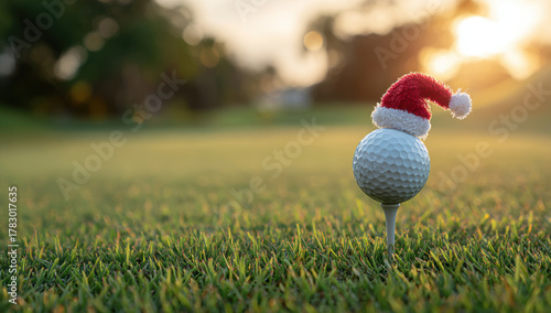 Golf ball with Santa hat on tee on green grass field at sunset with blurred background creating festive mood