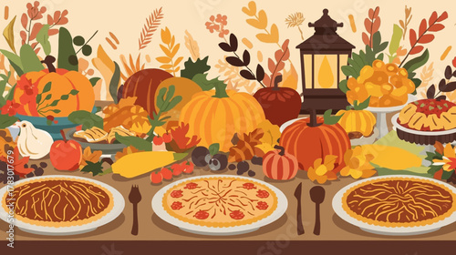 A vibrant Thanksgiving feast is displayed with pumpkins, pies, and autumn leaves, creating a warm, inviting scene for a festive holiday celebration.