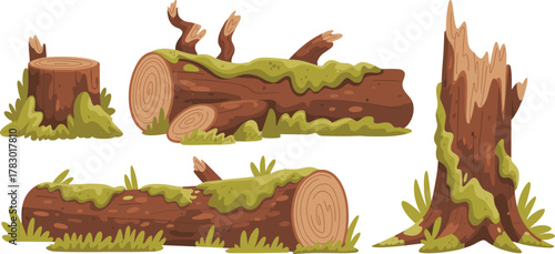 Tree stumps and fallen logs, forest elements, mossy wood, cartoon nature, grass base, woodland design, outdoor theme, natural texture, illustration