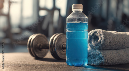 Wallpaper Mural Blue sports drink bottle with dumbbell and towel in gym setting for fitness hydration Torontodigital.ca