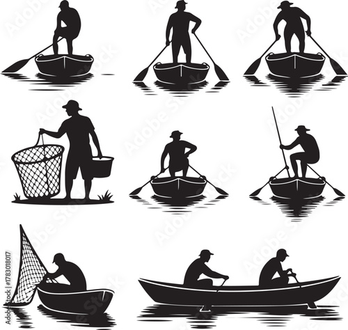 Silhouette of fishermen in boats rowing and with fishing nets