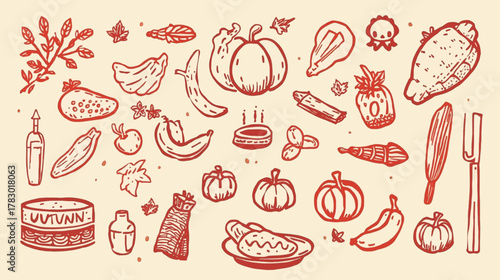 A charming hand-drawn illustration showcases an assortment of fruits, vegetables, and other food items, perfect for autumn-themed designs and culinary projects.