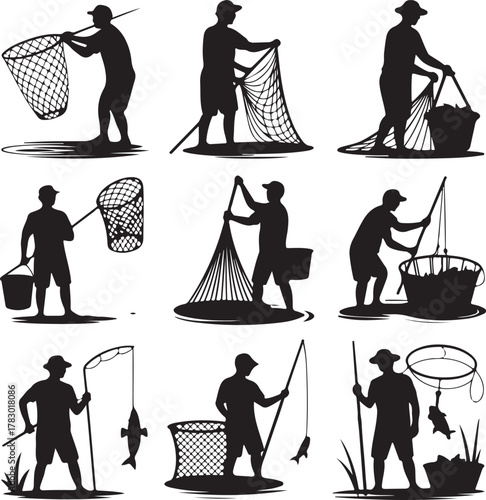 Silhouette of fishermen with nets and fishing rods vector illustration