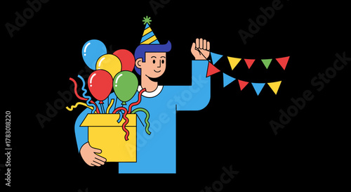 Man Decorating for a Vibrant Birthday Party Celebration with Balloons