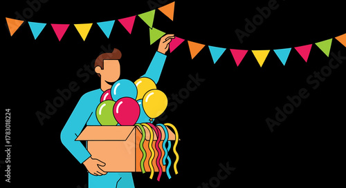 Man Decorating with Colorful Balloons and Party Flags for a Festive Celebration