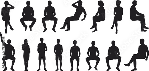 WebHuman silhouettes, seated and standing poses, black vector people, posture variety, gesture icons, body language, white background, minimal style, character design, ergonomic reference