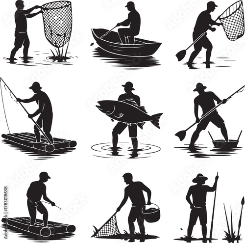 Silhouetted fishermen engaging in diverse fishing techniques and outdoor activities