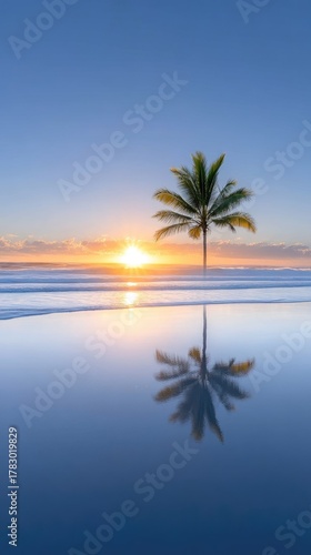 Tranquil Ocean Sunset Reflecting a Solitary Palm Tree on Wet Sand at Dawn with Soft Orange and Blue Hues