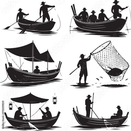 Silhouetted Fishing Boats and Fishermen Set in Vector Illustration Style