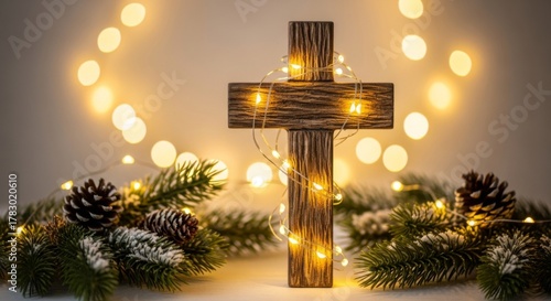 Wooden cross in christmas setting with pine branches and lights. Ideal for holiday designs, religious themes, and festive backgrounds.