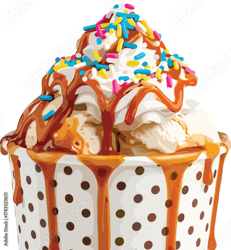 Vanilla ice cream sundae, caramel drizzle, whipped cream topping, colorful sprinkles, dessert cup, sweet treat, festive snack, food styling