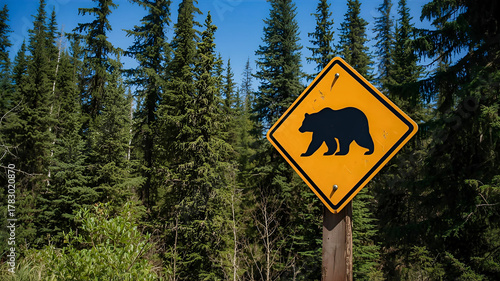 Wallpaper Mural 緑の森とクマの注意看板 Torontodigital.ca