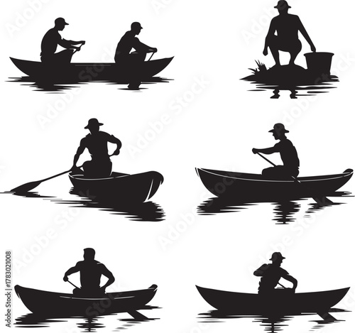 Silhouettes of people in boats rowing on water vector set
