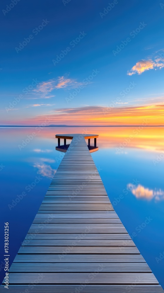 Naklejka premium Wooden Pier Stretching Into Calm Water Under A Vibrant Sunset Sky With Clouds Reflecting In The Water