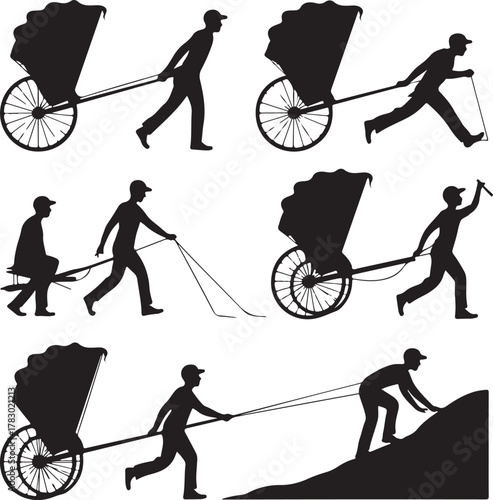 Silhouettes of rickshaw pullers showing different actions and perspectives