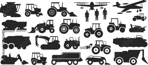 Vehicle and machinery silhouette set, agriculture, construction, military, aviation icons, black transport graphics, equipment design pack