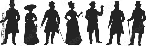 ictorian silhouette collection, black vector figures in historical fashion and poses for costume design, history, culture, and illustration themes