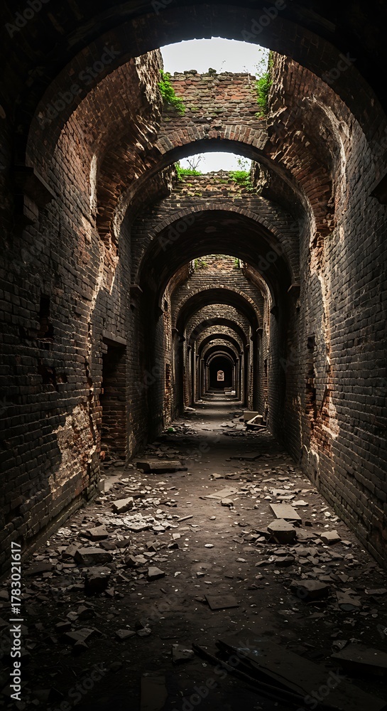 Fototapeta premium Mysterious Decaying Arched Hallway in an Abandoned Ancient Fortress.
