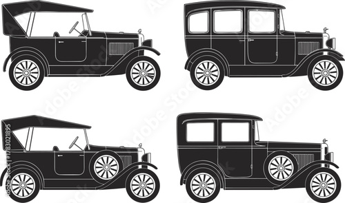 Vintage car illustrations, classic automobile artwork, retro vehicle design, early 20th century cars, antique transportation, nostalgic auto sketches, collectible prints