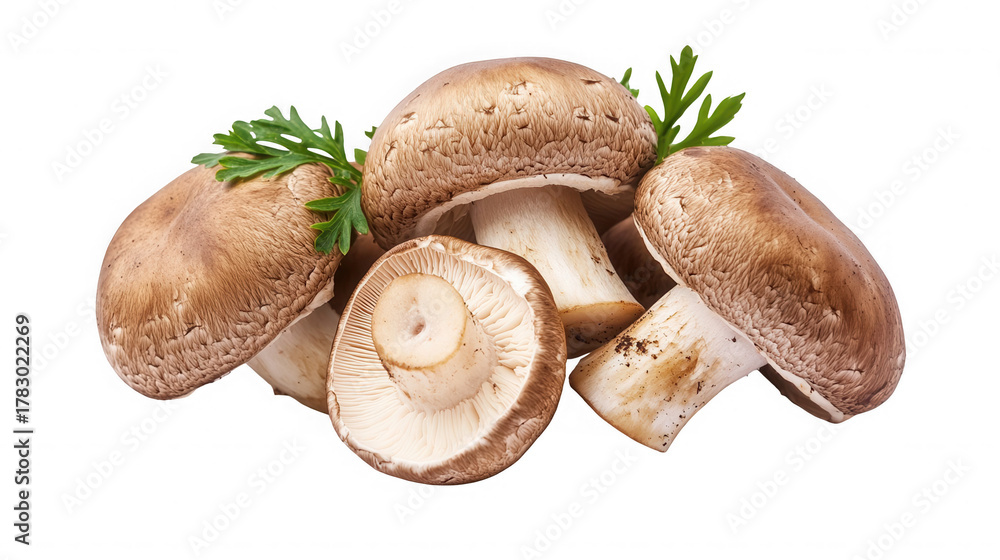 Fototapeta premium Heap of fresh brown cap mushrooms isolated on transparent background, close up view