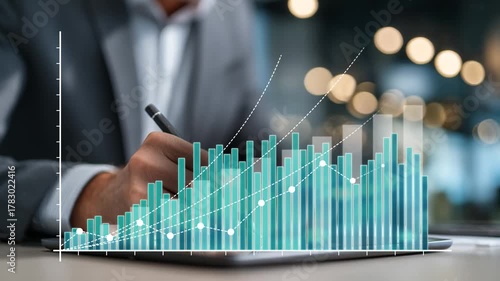 A finance expert engaging with digital stock market data, showcasing vibrant graphs and charts that illustrate market trends and financial growth.