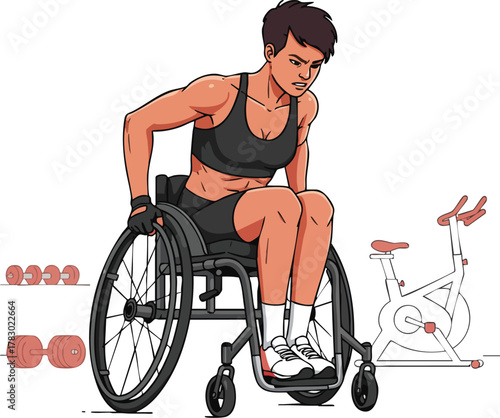 Woman in wheelchair with prosthetic leg sitting next to exercise bike with dumbbells, wearing sports bra and shorts.