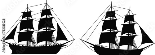Vintage sailing ships silhouette, historic nautical vessels, black and white maritime illustration, classic tall ships, ocean exploration artwork