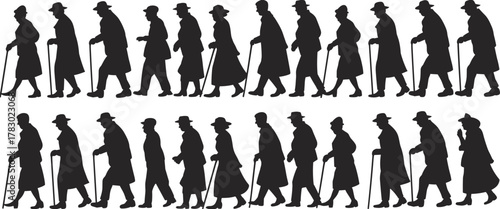 Walking cane silhouette, human gait sequence, motion study, animation frames, elderly mobility, black figures, coat and hat, rehabilitation concept, physical therapy, biomechanics illustration