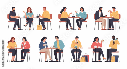 Collection of diverse people sitting at cafe tables, enjoying drinks, food, and conversation in various social settings.