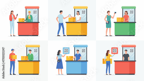 Collection of illustrations showing people interacting with service counters for package delivery or pickup using QR codes.