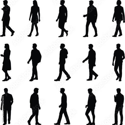 Walking silhouette figures, human motion poses, stride gesture icons, gait analysis reference, clothing variation, vector set, design asset