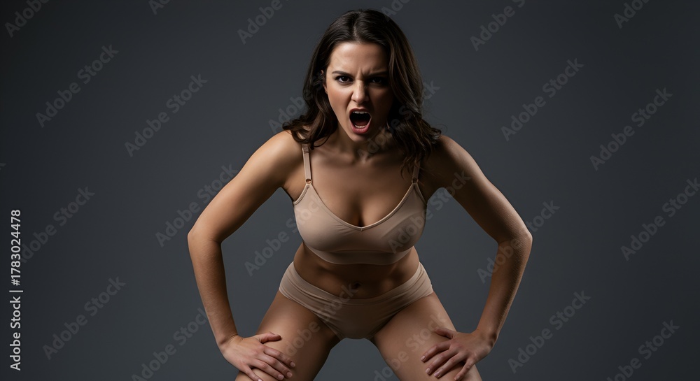 Obraz premium An emotional portrait of a woman expressing anger with a powerful and defiant expression.
