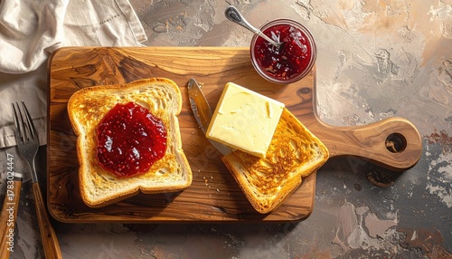 Warmly Toasted Bread Slices With A Square Of Butter And A Bowl Of Red Berry Jam Served On A Rustic Wooden Cutting Board With A Vintage Fork And Spoon In A Cozy Morning Setting