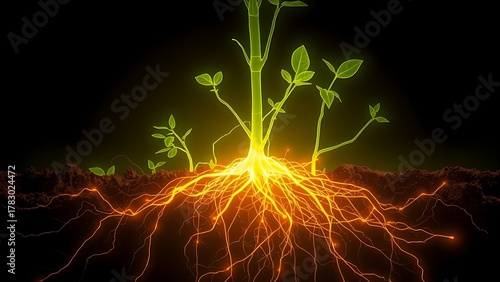 mycorrhiza. An X-ray view of plant roots unveiling a hidden glowing network weaving through the soil. bar promotions, beverage menus, designed for food & beverage menus and cafe branding.