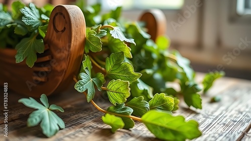 tolerable. Close-up of dried lovage leaves on a wooden rack with natural morning light. gardening catalogs, home-decor guides, designed for home decor and floral branding, used by sports marketers.