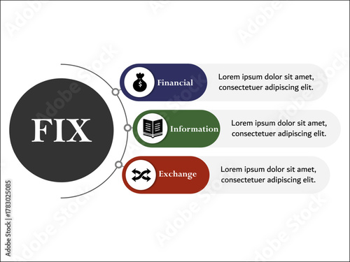 FIE - Financial Information exchange acronym. Infographic template with icons and description placeholder