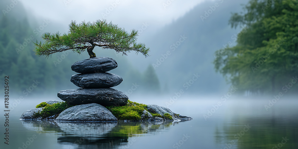 Obraz premium Zen garden serenity pine tree atop stone cairn in misty lake reflecting tranquility and stillness for meditation and contemplation in natures embrace