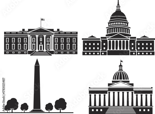 Washington D.C. landmark silhouettes, black vector icons of Capitol, White House, Monument, and Memorial for history, politics, and design