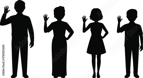 Waving silhouette group, diverse people illustration, age and gender variation, black and white minimal design, friendly gesture concept