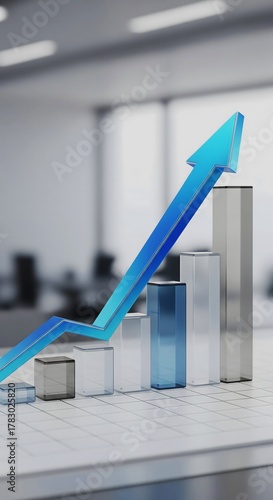 3D Professional Business Graph Chart with Upward Arrow – Symbol of Financial Growth, Success and Progress