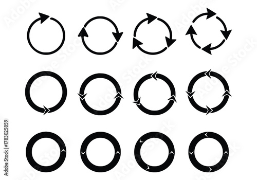 Variety of Black Circular Arrow Symbols Depicting Rotation and Cyclical Processes