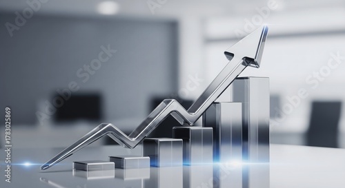 3D Professional Business Graph Chart with Upward Arrow – Symbol of Financial Growth, Success and Progress