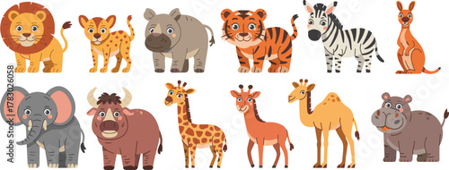 Wild animal cartoon set, safari jungle creatures, cute zoo illustration, kids educational vector, animal character clipart, wildlife drawing collection