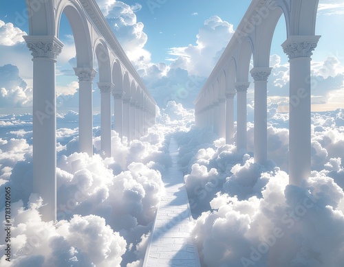 Celestial pathway: A breathtaking image of an architectural pathway, composed of pristine white arches and columns, gracefully ascending towards the heavens.